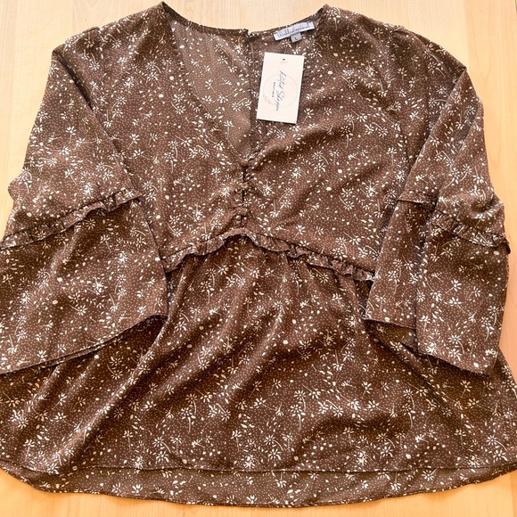 NWT large Wishlist Apparel boutique brown floral ruffled blouse - Picture 6 of 7